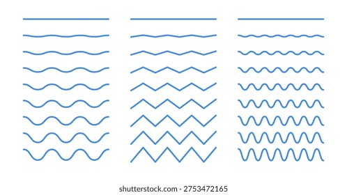 Blue vector wavy and zigzag horizontal underline. Waves blue line set. Set of wavy lines. Wave ornament pattern. Wave thin line background.