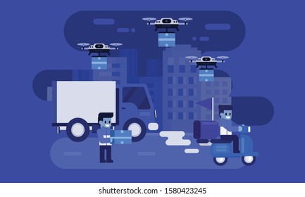 Blue vector web banner for Delivery Services and E-Commerce, online shopping concept. Cartoon vector illustration
