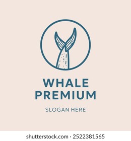 Blue vector whale tail logo on beige background for icon, emblem, logo, business, brand, company