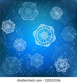 Blue vector winter background with artistic hand drawn snowflakes
