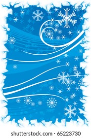Blue vector Winter background with waves, snowflakes and ice border