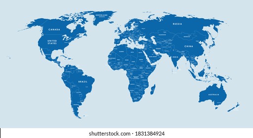 Blue vector world map complete with all countries and capital cities names. Vector illustration.