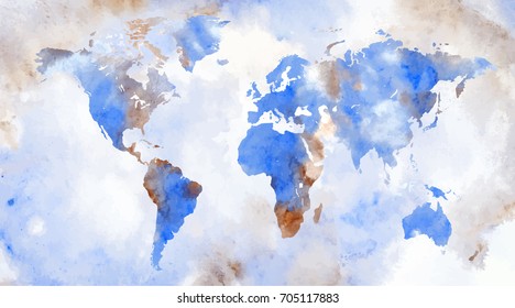 Blue vector world map in watercolor style