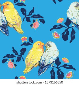 Blue vectro repeat pattern with folk art florals, branch and love bird couple. Wedding, Valentine & Romance.