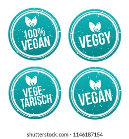 Blue vegan Badge Set. German-Translation: Vegan Button und Vegetarisch Banner Set.