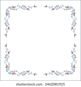 Blue vegetal ornamental frame with leaves with butterflies, decorative border, corners for greeting cards, banners, business cards, invitations, menus. Isolated vector illustration.	
