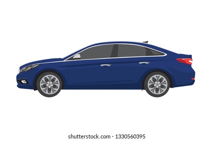 Blue vehicle car side view flat vector illustration on white isolated background