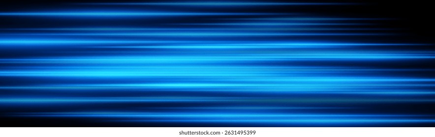 Blue velocity blur. Horizontal streaks with neon glow and intense speed effect on dark background. Perfect for sci-fi, tech, motion, energy visuals, fast concept.