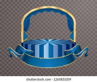 Blue Velvet Circus Stage With Golden Circle Frame, Show Business And Entertainment Background