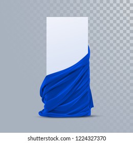 Blue velvet fabric with paper banner. Decoration element for design. Vector realistic illustration. Realistic textile with folds and drapes isolated on transparent background
