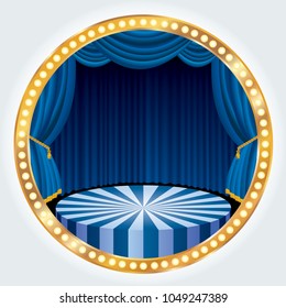 Blue Velvet Round Stage With Golden Circle Frame, Show Business And Entertainment Background