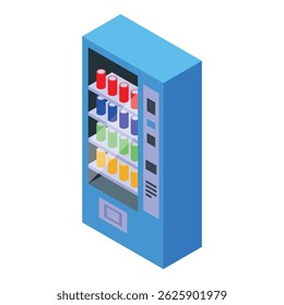Blue vending machine containing rows of colorful aluminum cans, offering a refreshing selection
