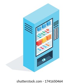 Blue vending machine for the sale of food and soda in a public place. Office automatic machine for the sale of snacks and soda. Vector isolated isometric illustration on a white background.