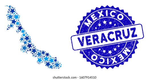 Blue Veracruz State map collage of stars, and distress rounded stamp. Abstract territory plan in blue color tinges. Vector Veracruz State map is constructed of blue stars.