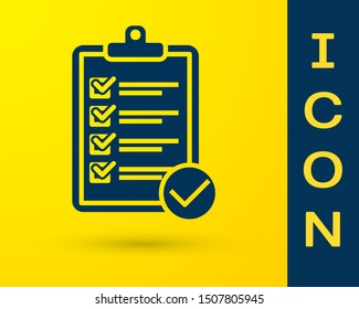 Blue Verification of delivery list clipboard and pen icon isolated on yellow background.  Vector Illustration