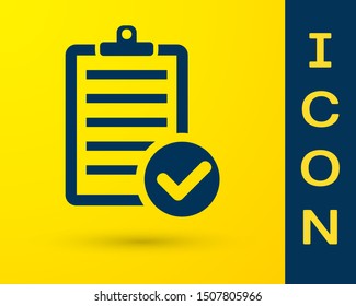 Blue Verification of delivery list clipboard and pen icon isolated on yellow background.  Vector Illustration