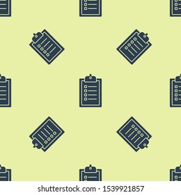 Blue Verification of delivery list clipboard icon isolated seamless pattern on yellow background.  Vector Illustration