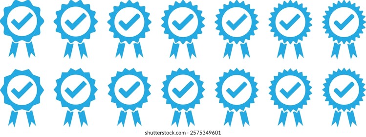Blue Verified badge icon set. Set of check mark icons. Flat line art. Vector Blue Verified Badge. Collection of different style star shaped social media icons
