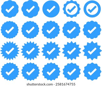 Blue Verified badge icon set. Blue check mark. Social media account verification icons. Approved check mark with tick simbol