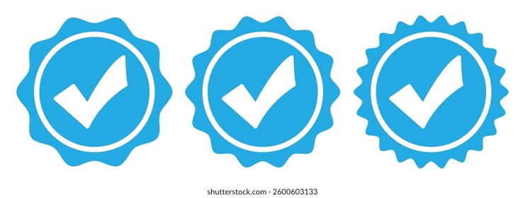 Blue Verified badge icon set. Collection of different style star shaped social media icons eps 888.