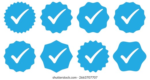 Conjunto de ícones de selo azul verificado. Conjunto de ícones de marca de seleção. Marca de seleção azul marca verificada ícone de selo vetor, mídia social símbolo de perfil verificado, sinal de certificação de aprovação. ilustração vetorial eps 10.