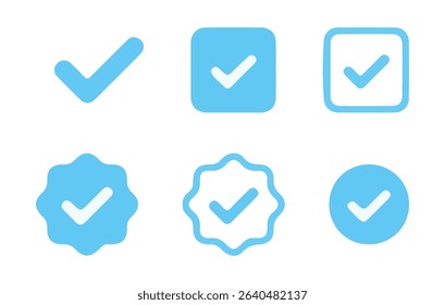Blue Verified Badge Icons Collection – Check Mark Symbols for Certification and Approval. Vector illustration eps 10