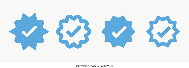 Blue verified check marks in various badge styles. Check marks indicate verification. Blue badges with check marks symbolize authenticity and verification. Vector element set.