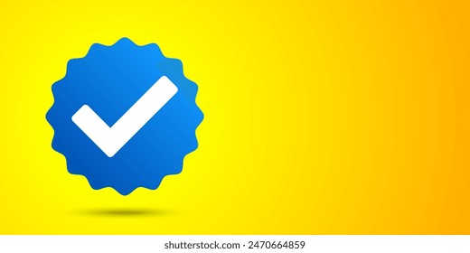 Una marca de verificación azul verificada sobre un fondo amarillo vibrante, que simboliza la autenticidad y la confianza en los perfiles en línea. Anuncio de Vector de verificación con espacio de copia.
