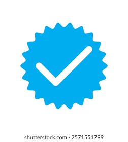 Blue verified social media account icon. Approved profile sign. Tick in rounded corners star. Top page logo. Check mark.