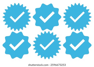 Blue verified social media account icon. Approved profile sign. Tick in rounded corners star. Top page logo. Check mark. safety person in web. Vector illustration.
