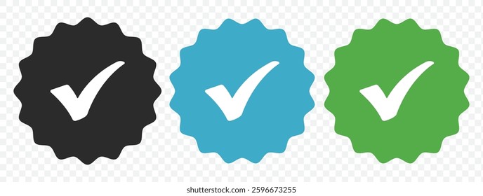 Blue verified social media account icon. Approved profile sign. Tick in rounded corners star. Top page logo. Check mark. safety person in web. Vector illustration.