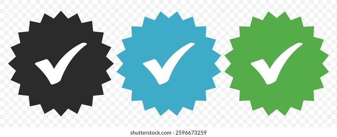 Blue verified social media account icon. Approved profile sign. Tick in rounded corners star. Top page logo. Check mark. safety person in web. Vector illustration.