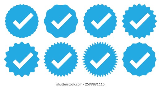 Blue verified social media account icon. Approved profile sign. Tick in rounded corners star. Top page logo. Check mark. safety person in web. Vector illustration. eps 888