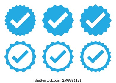 Blue verified social media account icon. Approved profile sign. Tick in rounded corners star. Top page logo. Check mark. safety person in web. Vector illustration. eps 888