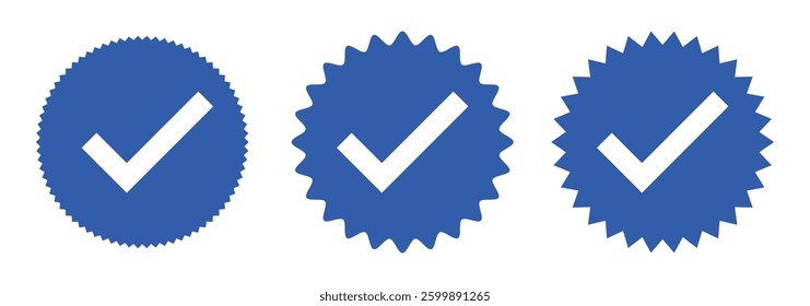 Blue verified social media account icon. Approved profile sign. Tick in rounded corners star. Top page logo. Check mark. safety person in web. Vector illustration. eps 888