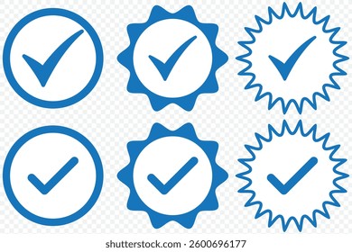 Blue verified social media account icon. Approved profile sign. Tick in rounded corners star. Top page logo. Check mark. safety person in web. Vector illustration. EPS 10.