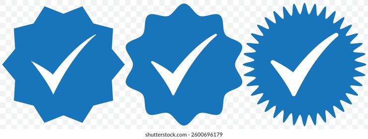 Blue verified social media account icon. Approved profile sign. Tick in rounded corners star. Top page logo. Check mark. safety person in web. Vector illustration. EPS 10.
