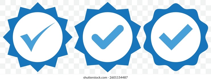 Blue verified social media account icon. Approved profile sign. Tick in rounded corners star. Top page logo. Check mark. safety person in web. Vector illustration. EPS 10.