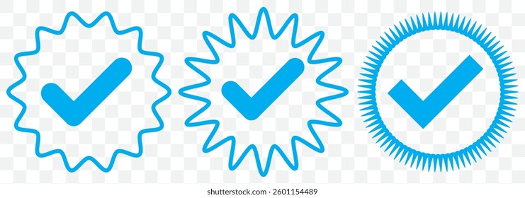 Blue verified social media account icon. Approved profile sign. Tick in rounded corners star. Top page logo. Check mark. safety person in web. Vector illustration. EPS 10.