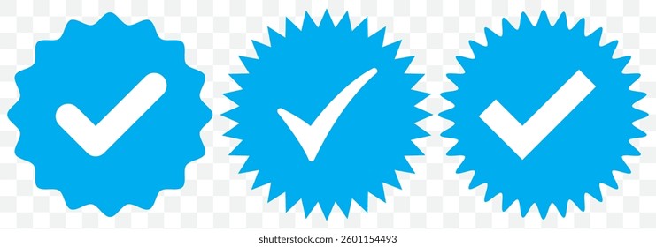 Blue verified social media account icon. Approved profile sign. Tick in rounded corners star. Top page logo. Check mark. safety person in web. Vector illustration. EPS 10.