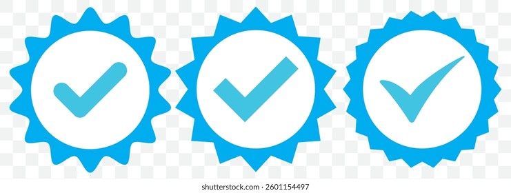 Blue verified social media account icon. Approved profile sign. Tick in rounded corners star. Top page logo. Check mark. safety person in web. Vector illustration. EPS 10.