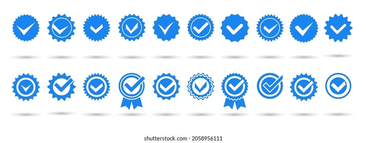 Blue verivication badge. Account completion test icons, profile verification complete rates, success approval correct checks, face book certificate stickers, confirmation circle marks, vector