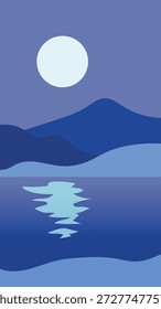 Versión azul del sol blanco de la puesta del sol en un fondo de la ilustración de las montañas