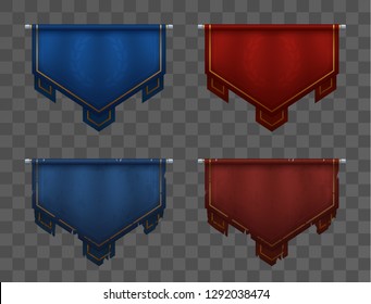 Blue Versus Red Team Banners On Poles. Medieval Pennants, Old And New. Victory And Defeat. Asset For Game Ui. Eps10 Vector