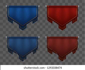 Blue versus red team banners on poles. Medieval pennants, old and new. Victory and defeat. Asset for game ui. Eps10 vector