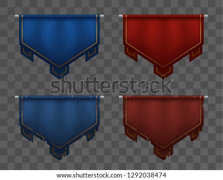 Blue versus red team banners on poles. Medieval pennants, old and new. Victory and defeat. Asset for game ui. Eps10 vector