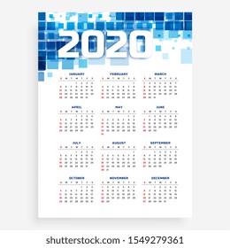 blue vertical 2020 calendar design template