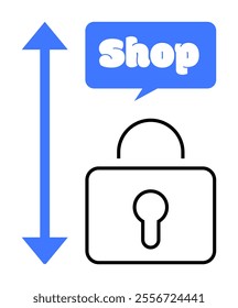 Blue vertical arrow, black padlock, and speech bubble with Shop text. Ideal for online security, e-commerce, data protection, safe transactions, user privacy. Simple and modern style