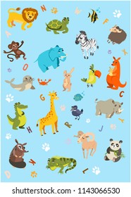 Blue vertical background with animals and different letters. Vector 2D illustration