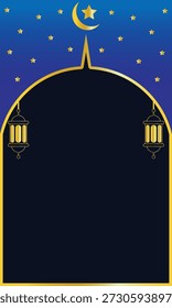 fundo vertical azul com ornamentos dourados com tema islâmico e espaço vazio para texto ou título